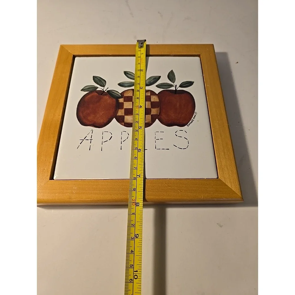 Vintage Apples Wood Trimmed Ceramic Trivet Kitchen Decor Country Hotpad Checker